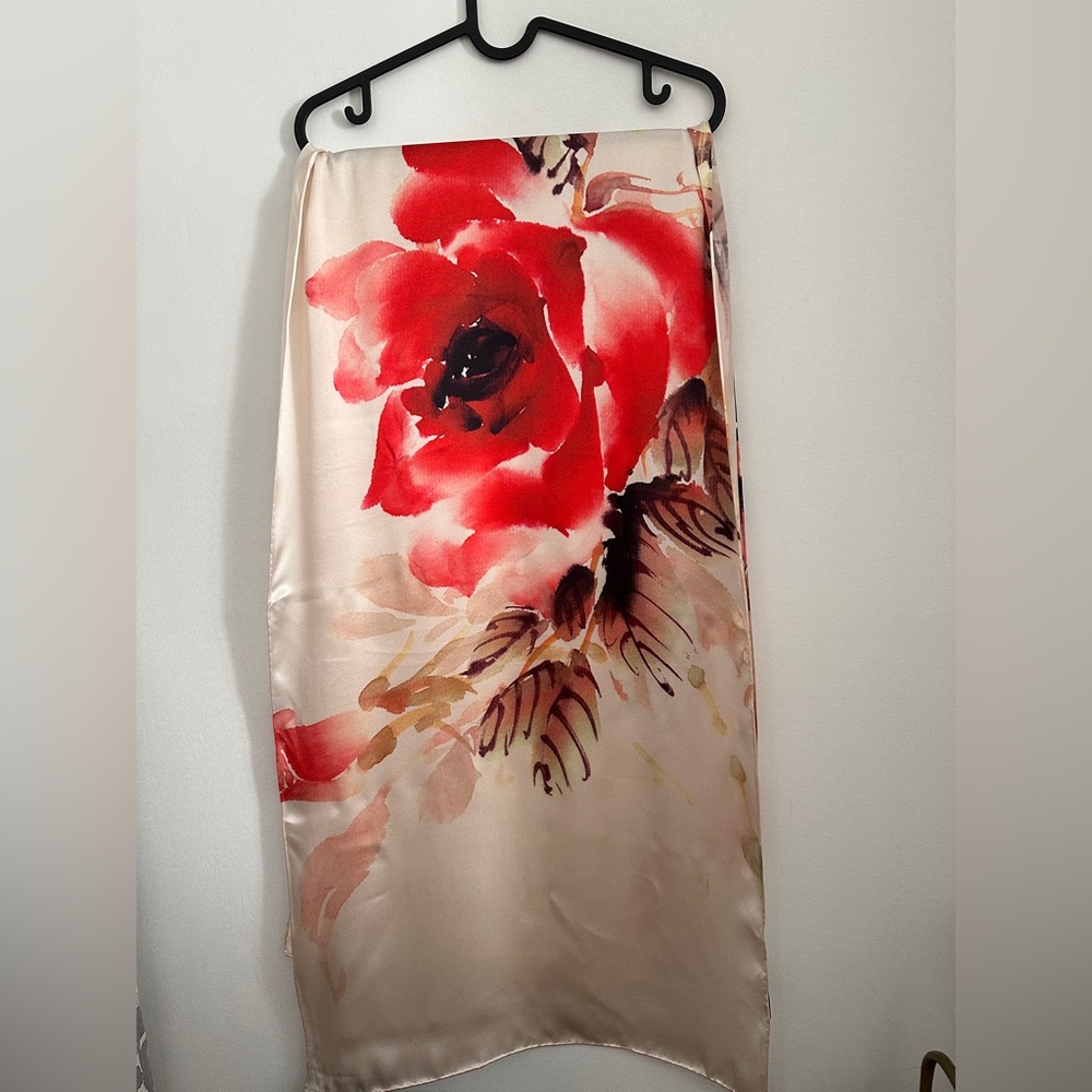 Shanghai Story Red Floral Scarf Wrap Shawl Silk 20" X 70"